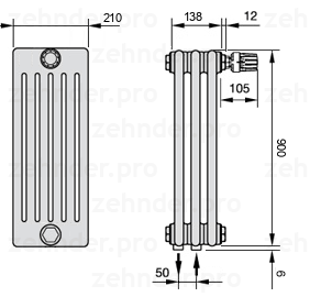 Схема (чертеж) Радиатор Zehnder Charleston 6090/3 №V008 Белый глянцевый RAL 9016